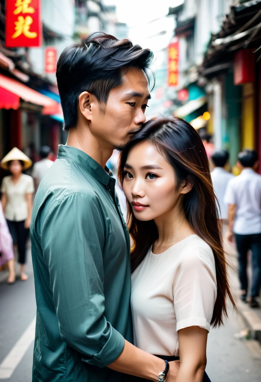 A Vietnamese couple standing close to each other in a busy street, not holding hands. The man looks hesitant, the woman longing. Shallow depth of field, focus on their faces. Urban background blurred. Photorealistic style, high contrast