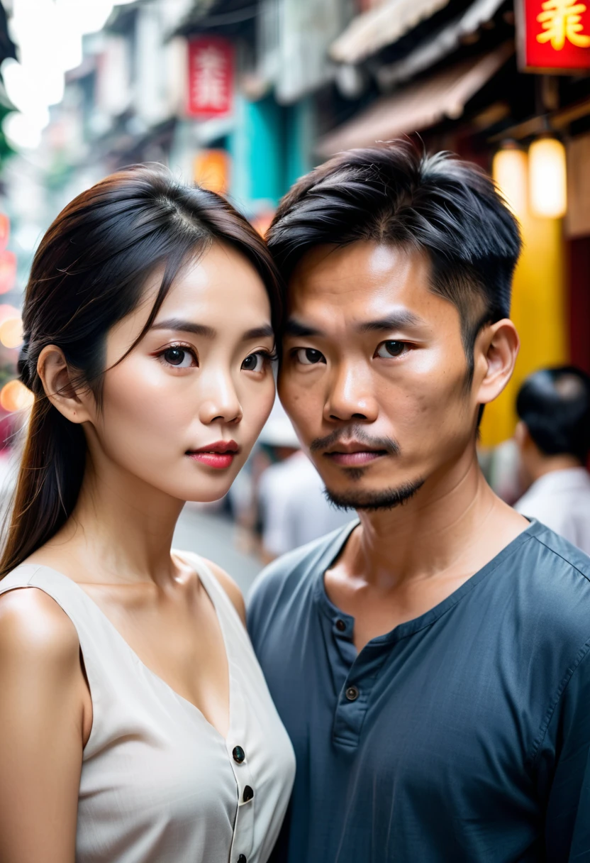 A Vietnamese couple standing close to each other in a busy street, not holding hands. The man looks hesitant, the woman longing. Shallow depth of field, focus on their faces. Urban background blurred. Photorealistic style, high contrast