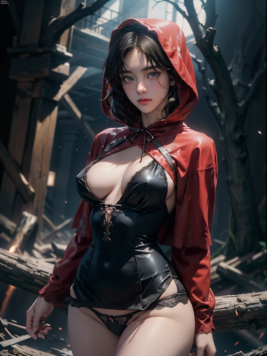 female, LITTLE RED RIDING HOOD, 1, short black bob, sexy dress, big boobs , Red lace panties visible.,Random camera angle.,Close the center of the image..., light particles, Attention to details, Grandeur and awe, cinema, A stunning visual masterpiece, double exposure, realistic, cinematic scene, Highest quality, 32ก, lewd, erotic,
