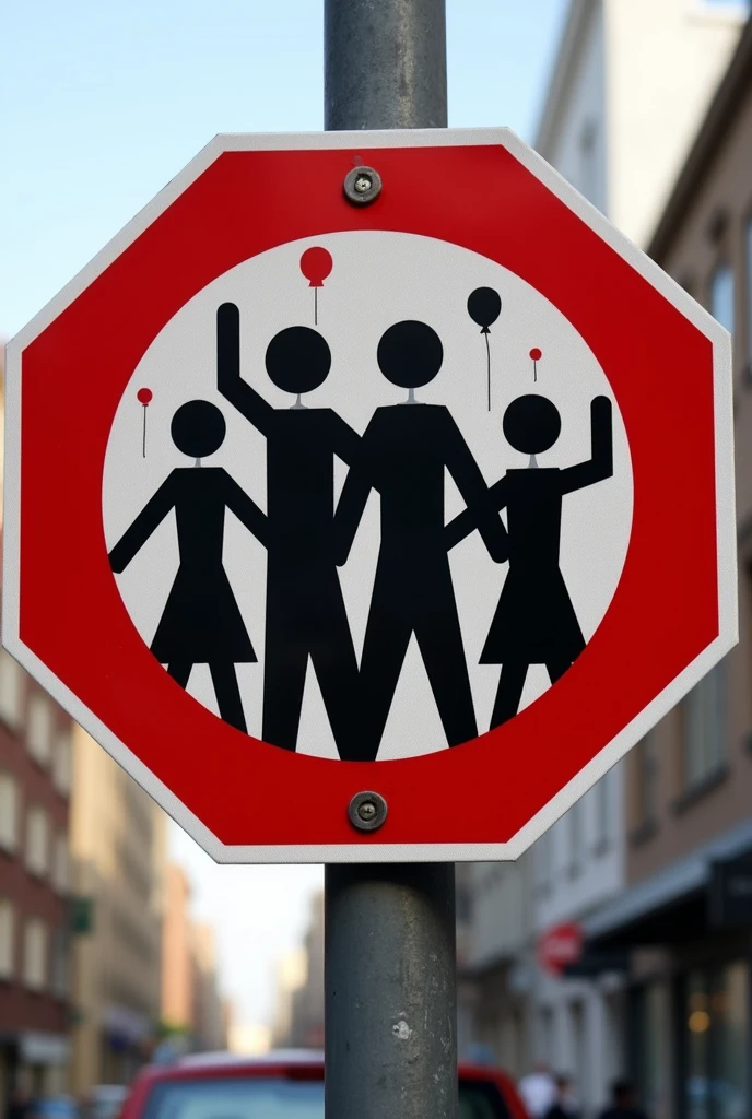 A traffic sign with the format of a stop sign, but without the stop writing, instead, there is a drawing of several people as black sticks with no faces at a party inside the board too.