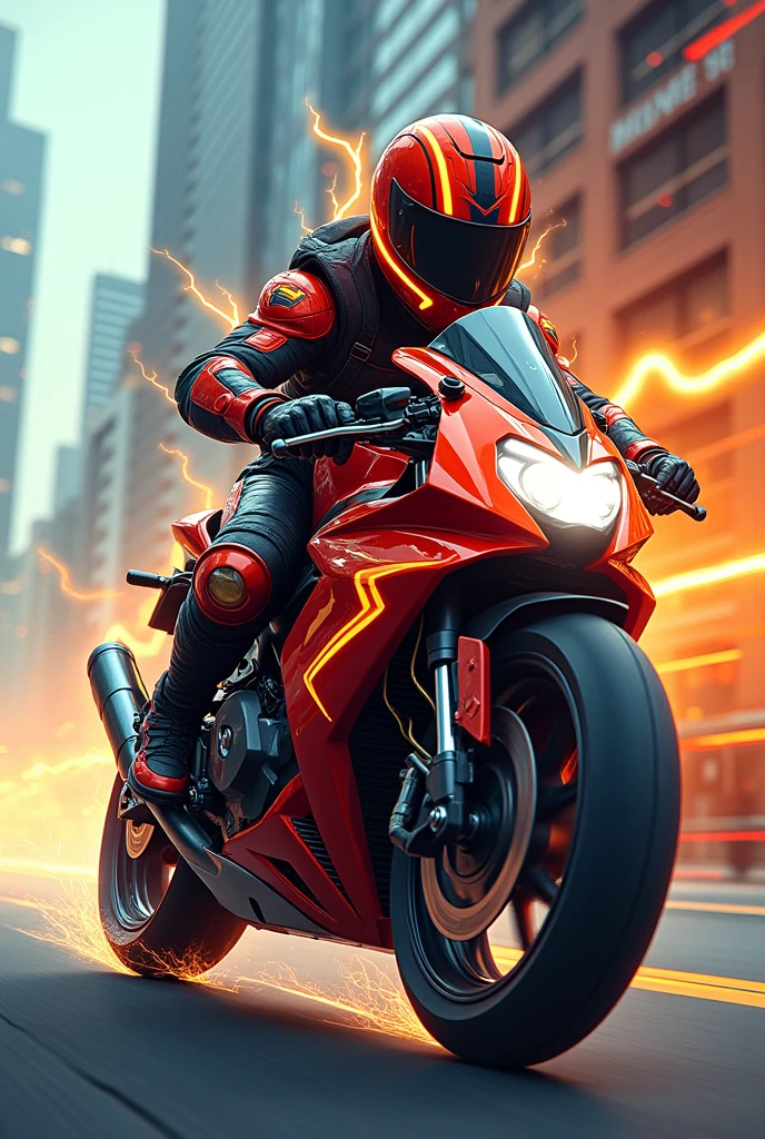 Create a motorcycle courier on your bike with the aggressive cartoon lightning bolt themed outfit giving grade. With the name highlighted in the background D FLASH put the name in the background of the image 