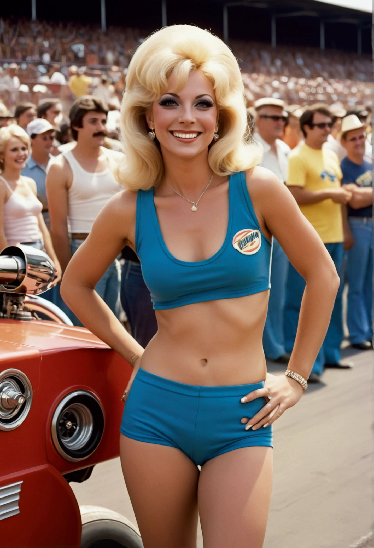 Blonde woman, smiling,25 yo, 1970s Drag Racing Queen, tight tank top, tiny shorts Big boobs, hard nipples, facing the spectator. In starting pose. In the background, dragsters positioned, large audience in the stands. Vintage style photography.