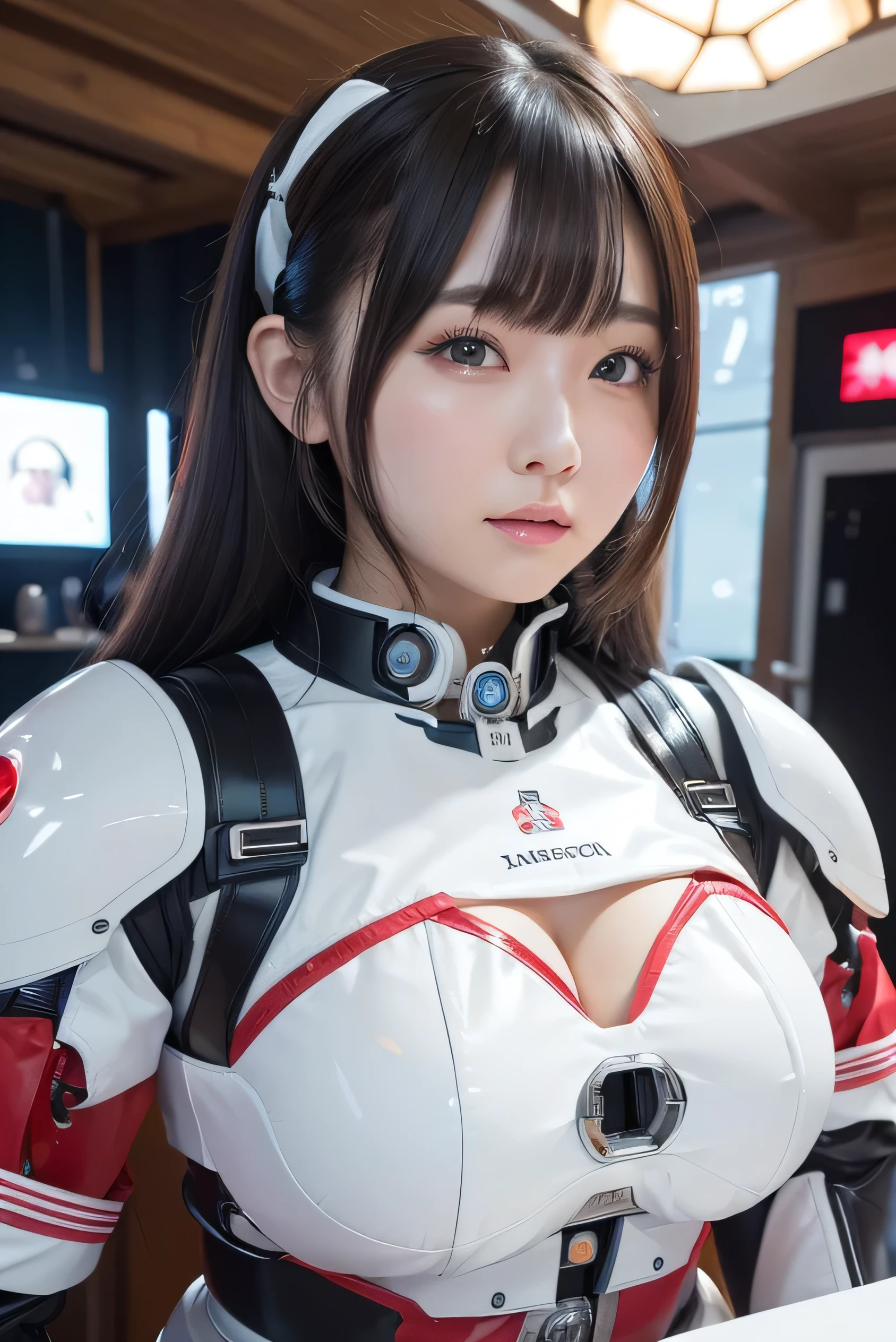 masterpiece, Best Quality, Extremely detailed, 8K portrait,Japaese android girl,Plump , control panels,Robot arms and legs, Blunt bangs,perfect robot girl,a bit chubby,white boots,white gloves,chest monitor,Charging spot,She is exhibits,exibition hall,promo girl