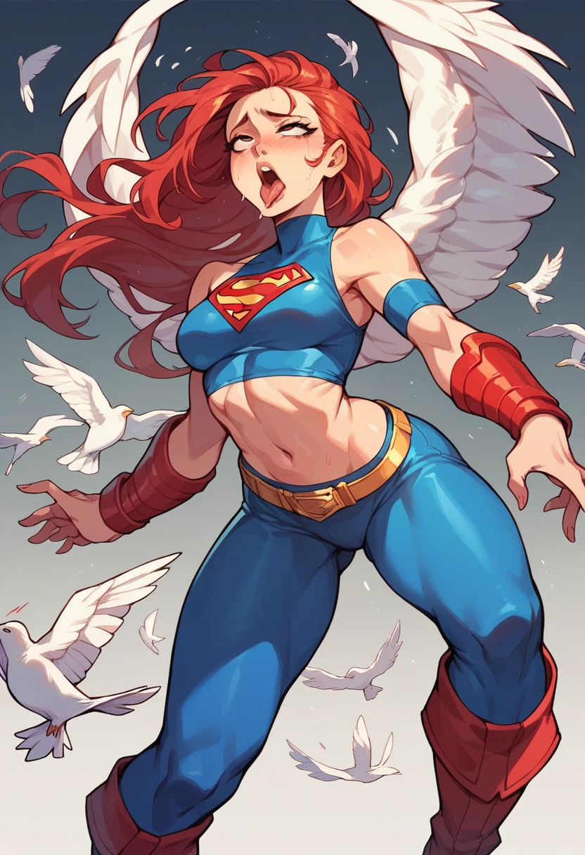 1girl, long red hair, white bird-wings, dark blue crop top, dark blue arm guards, bare hands, gold belt, dark blue leggings, red high boots, justice style, ahegao