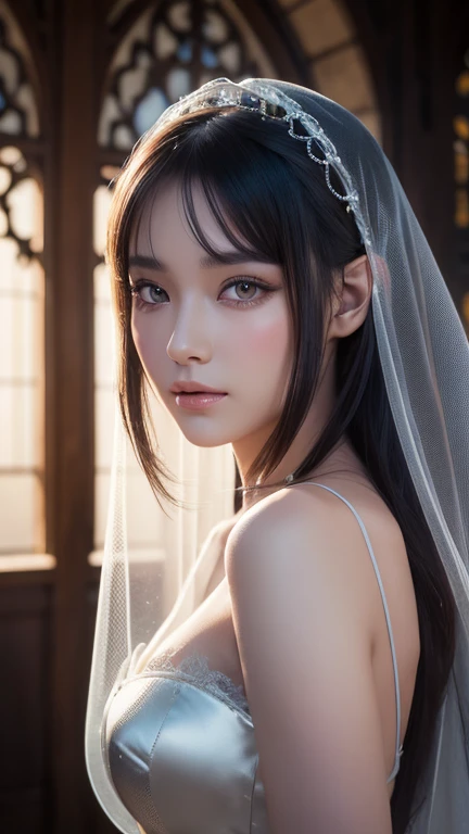 sakimiChanStyle, Urop Style, Portraiture, Detailed painted face, Beautiful woman, Fuller lips, Opaque Veil, Medieval Veil, Head rail, 12th century, Eyes with heterochromia, Rainbow Eyes, Medieval costume, Brot, Lord of the Rings Gown, Near perfect, Beautiful anime style, Character Panorama, Beautiful and detailed face, Shining Shadow, Beautiful gradation, Depth of written boundary, Beautiful graphics, high quality, Attention to detail, High resolution, Luminous Studio Graphics Engine
