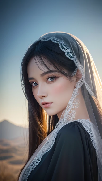 sakimiChanStyle, Urop Style, Portraiture, Detailed painted face, Beautiful woman, Fuller lips, Opaque Veil, Medieval Veil, Head rail, 12th century, Eyes with heterochromia, Rainbow Eyes, Medieval costume, Brot, Lord of the Rings Gown, Near perfect, Beautiful anime style, Character Panorama, Beautiful and detailed face, Shining Shadow, Beautiful gradation, Depth of written boundary, Beautiful graphics, high quality, Attention to detail, High resolution, Luminous Studio Graphics Engine