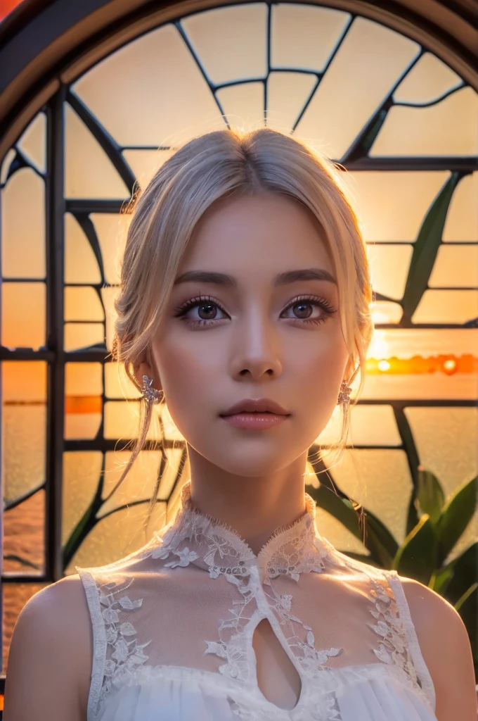 masterpiece, extremely detailed, photorealistic, detailed symmetric realistic face, ((Beautiful woman watching the sunrise through a large window:1.5)), sunrise, white dress, longhair, white hair,