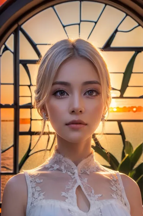 masterpiece, extremely detailed, photorealistic, detailed symmetric realistic face, ((beautiful woman watching the sunrise throu...