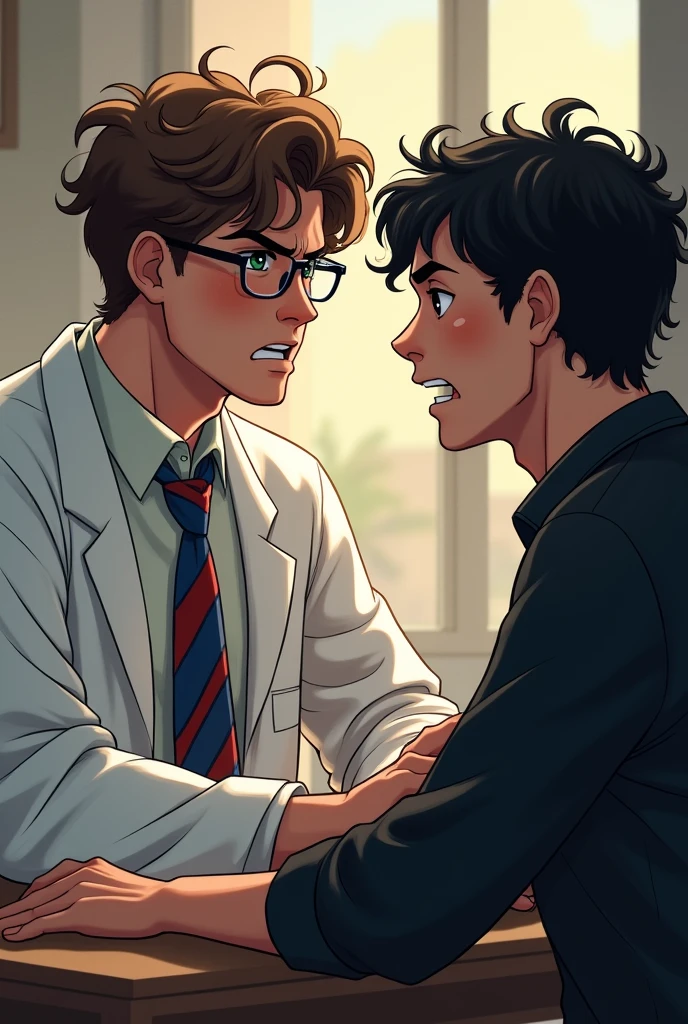 create two guys 20 years old sitting next to each other, in the left the guy is taller has eye glasses and has brown wavy curly hair, he wears lab gown over white long sleeves and blue and red stripes tie, has green eyes looking at the other guy angrily, the other guy beside him wears black clothes has wavy black hair and looks as if he's trying to provoke the other guy. 