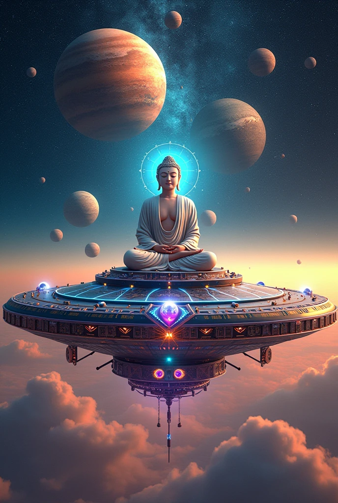 a very psychedelic buddha sitting on top of a flying saucer around several large planets, psychedelia, etc...
a very colorful and eye-catching image of the Buddha meditating with a happy face, light entering his head, the flying saucer full of lights and very realistic around the planets, astrological calculations and all the art involving quantum mechanics. I want everything to be very engaging., with occultism, involving spirituality the flying saucer has to be more eye-catching, very real with lots of flashing lights and that it all appears as a very illustrative art