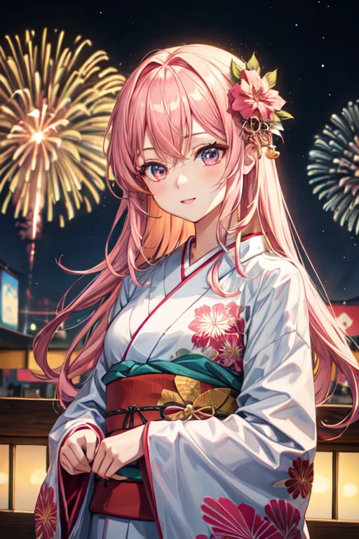 Anime girl with long pink hair and colorful eyes in a winter lounge., Girl with pink hair, 1K anime style, anime art wallpaper 2k, anime art wallpaper 2k, anime art wallpaper 2k, beautiful animated portrait, beautiful anime girl, 2k anime wallpaper, anime girl portrait, beautiful anime woman, shy girl, fireworks, festival, colorful lights hanged up, night sky, girl wearning kimono, fireworks