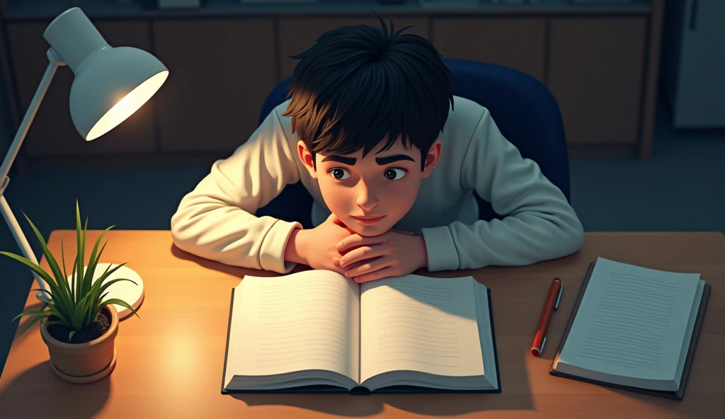 From the top angle behind a boy only head visible sitting on desk and has a book empty on the desk the boy should look 20 years old in age
