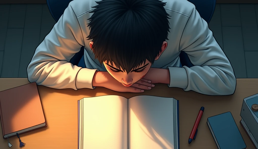 From the top angle behind a boy only head visible sitting on desk and has a book empty on the desk the boy should look 20 years old in age
