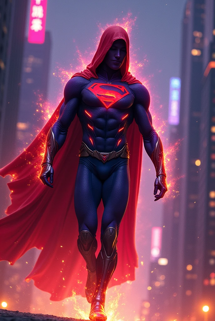 Create a superhero with socialist origins but who embraced capitalism with the colors purple and red and fire powers and characteristics of Nightwing without a cape