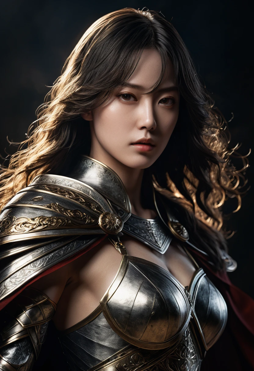 genius idol Akechi, long hair, black hair, subtle makeup, golden hour, photorealistic, high contrast, 8k HD, detailed, hyper-detailed, realistic skin texture, tiny breast, arm, hand, spear, ((She grabbed her (sword))), best quality, ultra high res, raw photo, dramatic lighting, unreal engine, diffuse glow intricate silver eaba, white imperial cape, no helm, intricate details High Quality, 8k, Realistic, Ultra-Detailed, Dramatic Lighting, Soft Focus, Digital Illustration, Intense Expression, Strong Gaze, Intense Emotion, Complex Mechanics, Advanced Technology, Dark Background, Cinematic, High Contrast, Moody, Strict, Atmosphere, (Best Quality, 4k, 8k, High Definition, Masterpiece: 1. 2 ), ultra-detailed, (realistic, graphic, photorealistic:1.37) --no glass