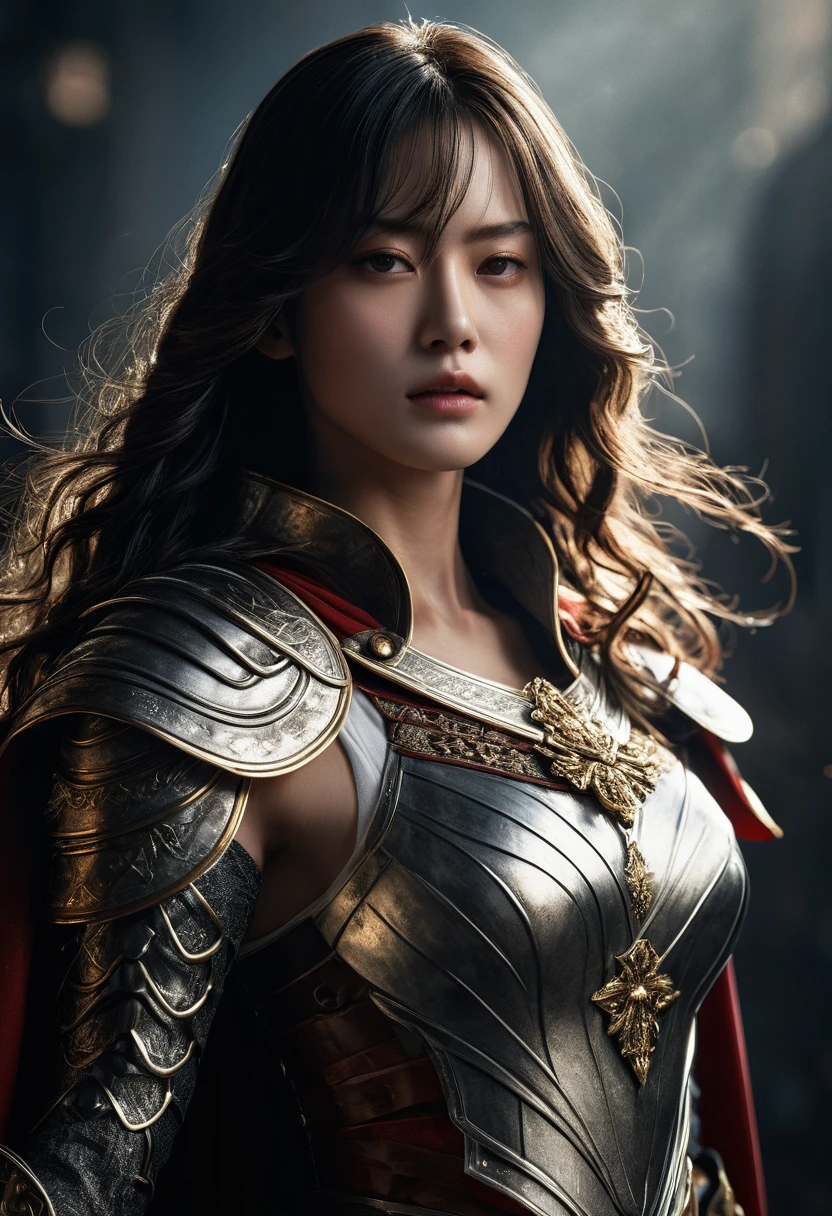 genius idol Akechi, long hair, black hair, subtle makeup, golden hour, photorealistic, high contrast, 8k HD, detailed, hyper-detailed, realistic skin texture, tiny breast, arm, hand, spear, ((She grabbed her (sword))), best quality, ultra high res, raw photo, dramatic lighting, unreal engine, diffuse glow intricate silver eaba, white imperial cape, no helm, intricate details High Quality, 8k, Realistic, Ultra-Detailed, Dramatic Lighting, Soft Focus, Digital Illustration, Intense Expression, Strong Gaze, Intense Emotion, Complex Mechanics, Advanced Technology, Dark Background, Cinematic, High Contrast, Moody, Strict, Atmosphere, (Best Quality, 4k, 8k, High Definition, Masterpiece: 1. 2 ), ultra-detailed, (realistic, graphic, photorealistic:1.37) --no glass