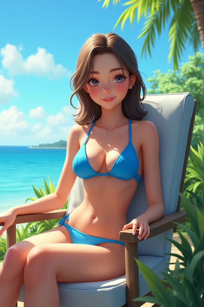 A girl in blue bikini sotting on chair 
