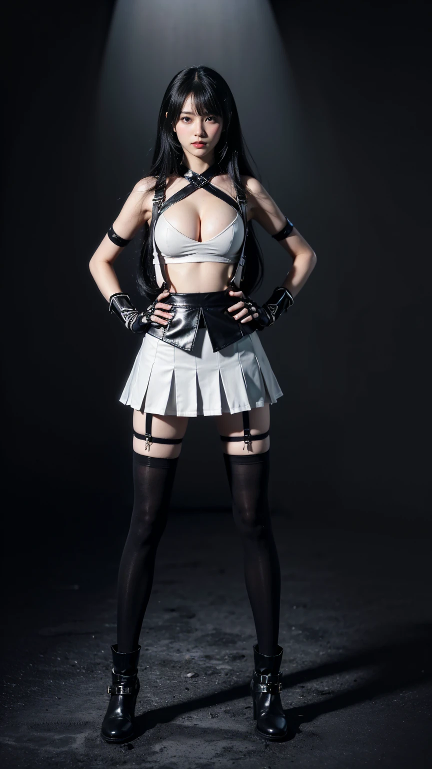(8k、RAW Photos、Highest quality、masterpiece:1.2)、(Realistic、Realistic)、1 person、((black and white、Cleavage、tights、Gloves、Garter Ring、mini skirt、Thin legs、whole body、boots、View from the front、Looking into the camera、Black Room、Stand with hands on hips))、cute