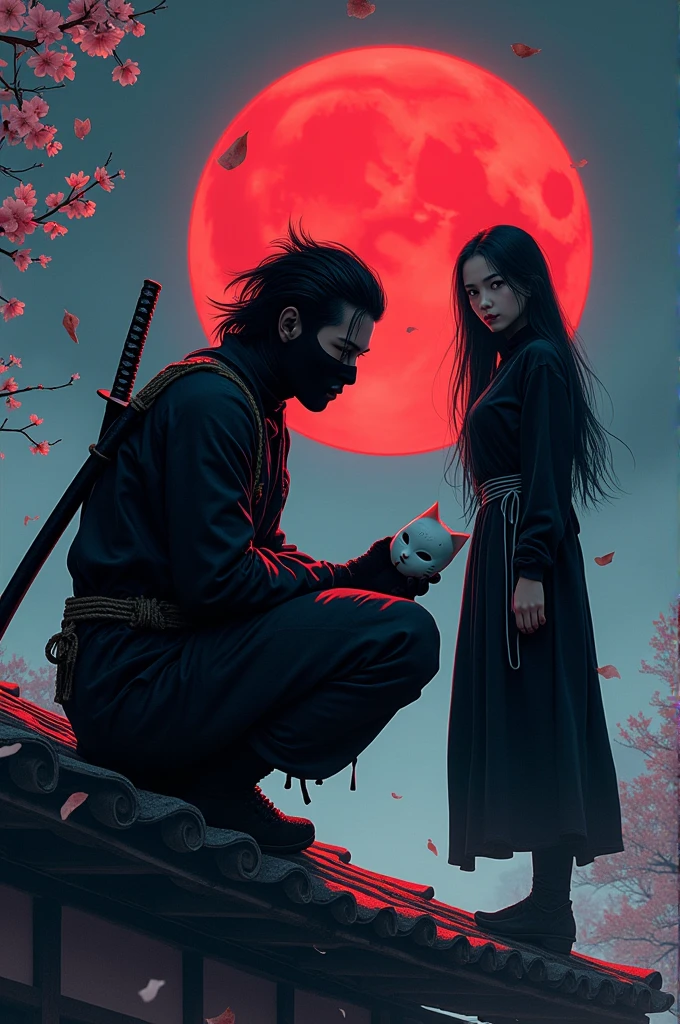 
The action of a 30 year old Indonesian youth, black hair combed back, squatting on the edge of the roof of a Japanese house, holding a white cat-shaped mask, wearing a ninja costume, there is a blood stain effect on the costume. clad in iron with a large rope tied around his waist, there is a samurai sword placed on his back, next to him stands a beautiful long-haired woman wearing a long-sleeved black t-shirt with the same costume, her gaze is very sharp, the atmosphere is night with a large full moon in the background The bright red color adds to the drama of the story. atmosphere, flowers and cherry trees at night, hair blowing in the wind, cold, realistic details of a cold night scene realistic details of a cold night scene in a Japanese city. 