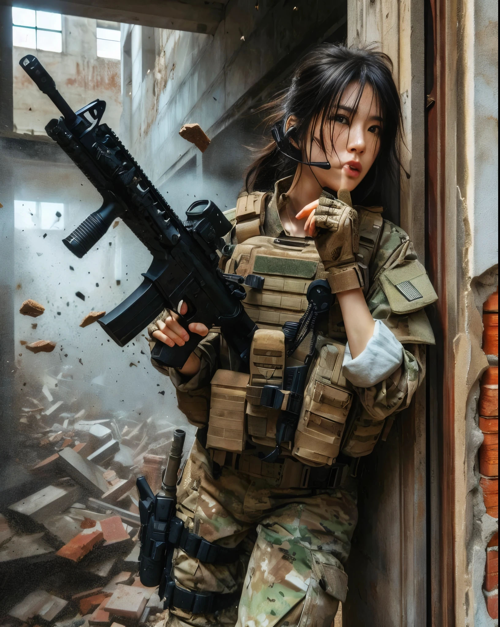 8K, realistic photo, realistic skin texture, Beautiful Japanese women in the US military、Outside the building、explosion、Close call、Walls bursting with debris、They are shouting to evacuate immediately.、Automatic rifle、Bulletproof vest、Back Back、boots、Covered in scars、Grim expression、Dynamic pose、Innovative composition、Dust is flying、傷だらけ