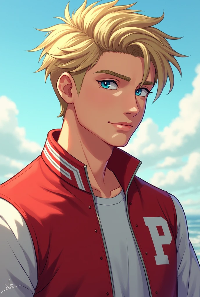 He is a teenager with an athletic male body, straight blond hair and a haircut swept to the side, which is a great charm for women., piercing gaze and the color of his blue eyes picina, and with impeccable posture and wears a uniform with red and white on the team jacket and an acronym of the school name is the letter P for team like the United States, but he likes to run after those who don't want him!. Show me in a more realistic way and in human form. With a half chad face.