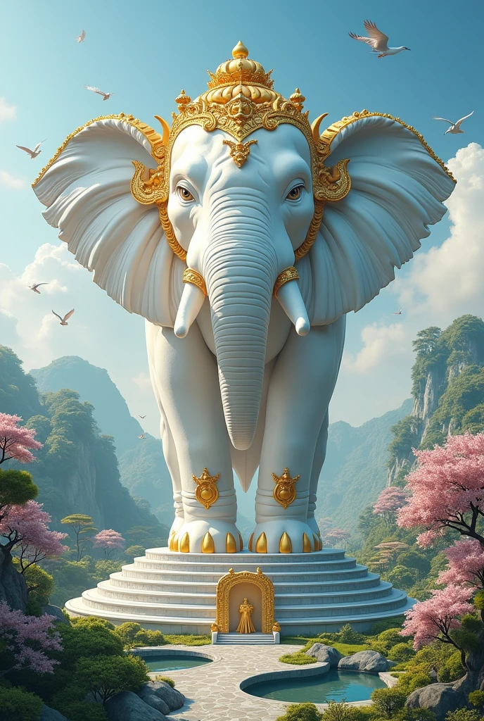 A magnificent white elephant statue with three colossal heads at its center, adorned with intricate gold decorations and a multi-tiered circular base. The surrounding environment should be a lush green landscape with a beautiful Japanese-style garden and lively creatures in the clear blue sky, creating a wondrous atmosphere