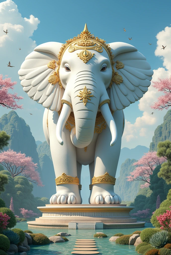 A magnificent white elephant statue with three colossal heads at its center, adorned with intricate gold decorations and a multi-tiered circular base. The surrounding environment should be a lush green landscape with a beautiful Japanese-style garden and lively creatures in the clear blue sky, creating a wondrous atmosphere