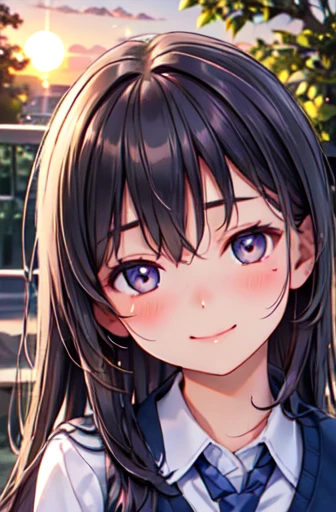 (high quality, High resolution, The finer details, Realistic), campus, evening, The setting sun shines, alone, school uniform, woman, Tilt your head, Sparkling eyes, Detailed eyes, smile, blush, Large Breasts, Sweat, Oily skin, Shallow depth of field