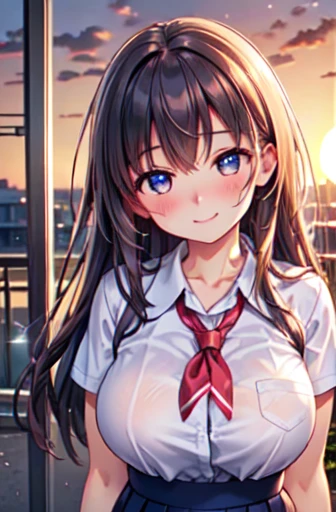 (high quality, High resolution, The finer details, Realistic), campus, evening, The setting sun shines, alone, school uniform, woman, Tilt your head, Sparkling eyes, Detailed eyes, smile, blush, Large Breasts, Sweat, Oily skin, Shallow depth of field