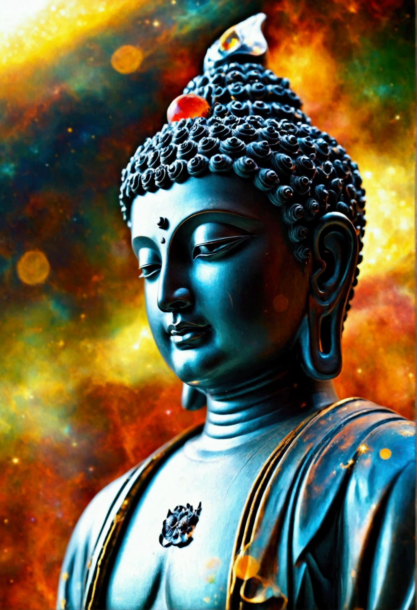 create a photorealistic of the most sophisticated and complex Buddha_statue(showing his palm)++ human can possible do assisted by AI in exploring the universe