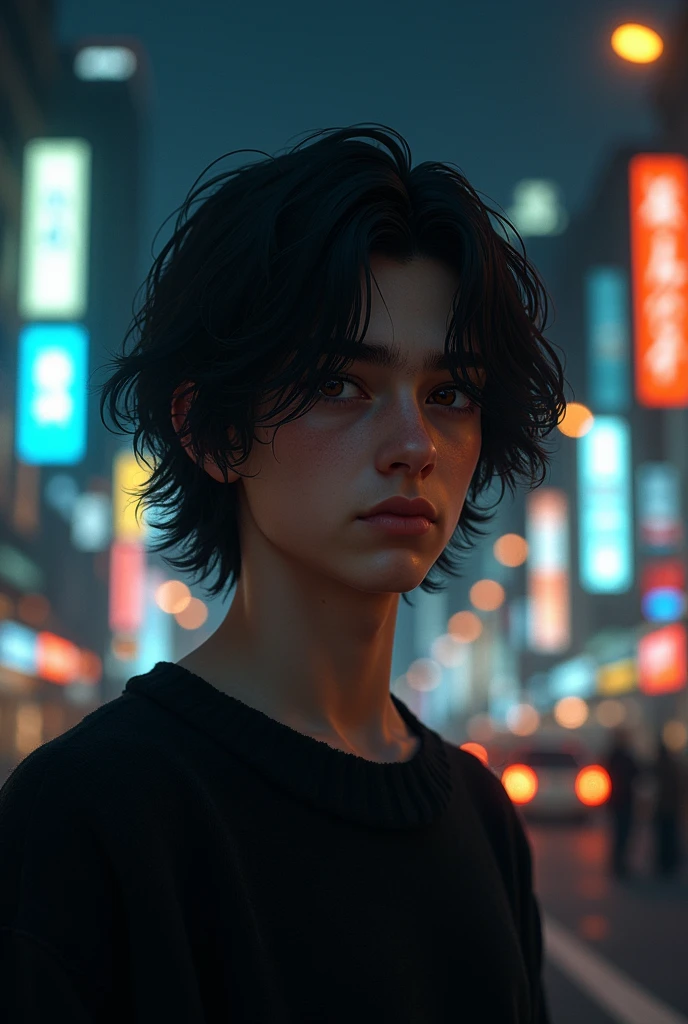 generates image with a male teenager with wavy hair and a line on his eyebrow with brown eyes wearing a black sweater in a city lit up at night