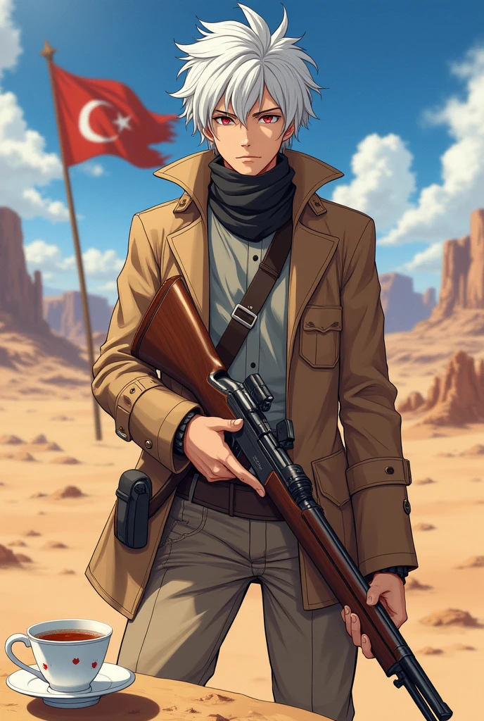 Bell Cranel anime white hair red eyes ruby white tea with orario flag , in desert attire and with mosin nagatan