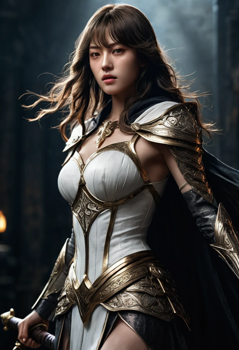 genius idol Akechi, long hair, black hair, subtle makeup, golden hour, photorealistic, high contrast, 8k HD, detailed, hyper-detailed, realistic skin texture, tiny breast, best quality, ultra high res, raw photo, dramatic lighting, unreal engine, diffuse glow intricate silver eaba, white imperial cape, arm, hand, spear, (((She grabbed her (sword)))), no helm, intricate details High Quality, 8k, Realistic, Ultra-Detailed, Dramatic Lighting, Soft Focus, Digital Illustration, Intense Expression, Strong Gaze, Intense Emotion, Complex Mechanics, Advanced Technology, Dark Background, Cinematic, High Contrast, Moody, Strict, Atmosphere, (Best Quality, 4k, 8k, High Definition, Masterpiece: 1. 2 ), ultra-detailed, (realistic, graphic, photorealistic:1.37) --no glass