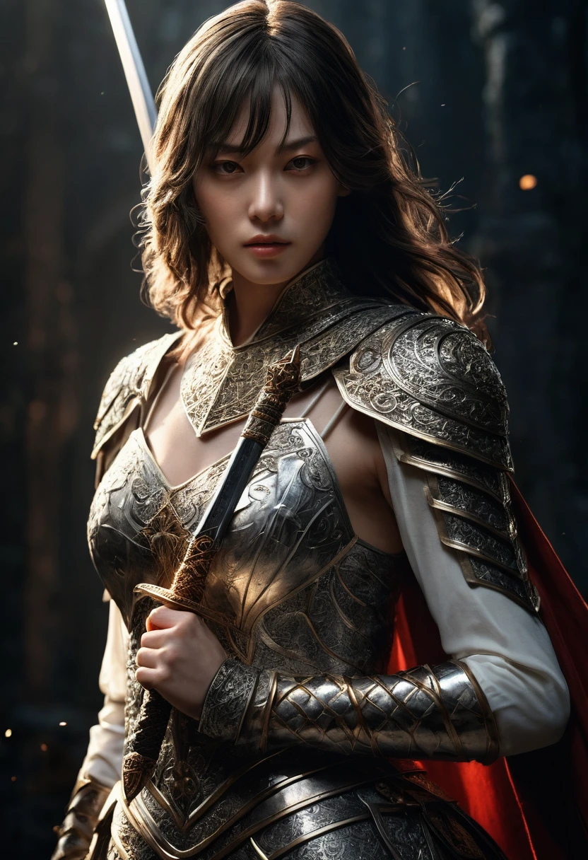 genius idol Akechi, long hair, black hair, subtle makeup, golden hour, photorealistic, high contrast, 8k HD, detailed, hyper-detailed, realistic skin texture, tiny breast, best quality, ultra high res, raw photo, dramatic lighting, unreal engine, diffuse glow intricate silver eaba, white imperial cape, arm, hand, spear, (((She grabbed her (sword)))), no helm, intricate details High Quality, 8k, Realistic, Ultra-Detailed, Dramatic Lighting, Soft Focus, Digital Illustration, Intense Expression, Strong Gaze, Intense Emotion, Complex Mechanics, Advanced Technology, Dark Background, Cinematic, High Contrast, Moody, Strict, Atmosphere, (Best Quality, 4k, 8k, High Definition, Masterpiece: 1. 2 ), ultra-detailed, (realistic, graphic, photorealistic:1.37) --no glass