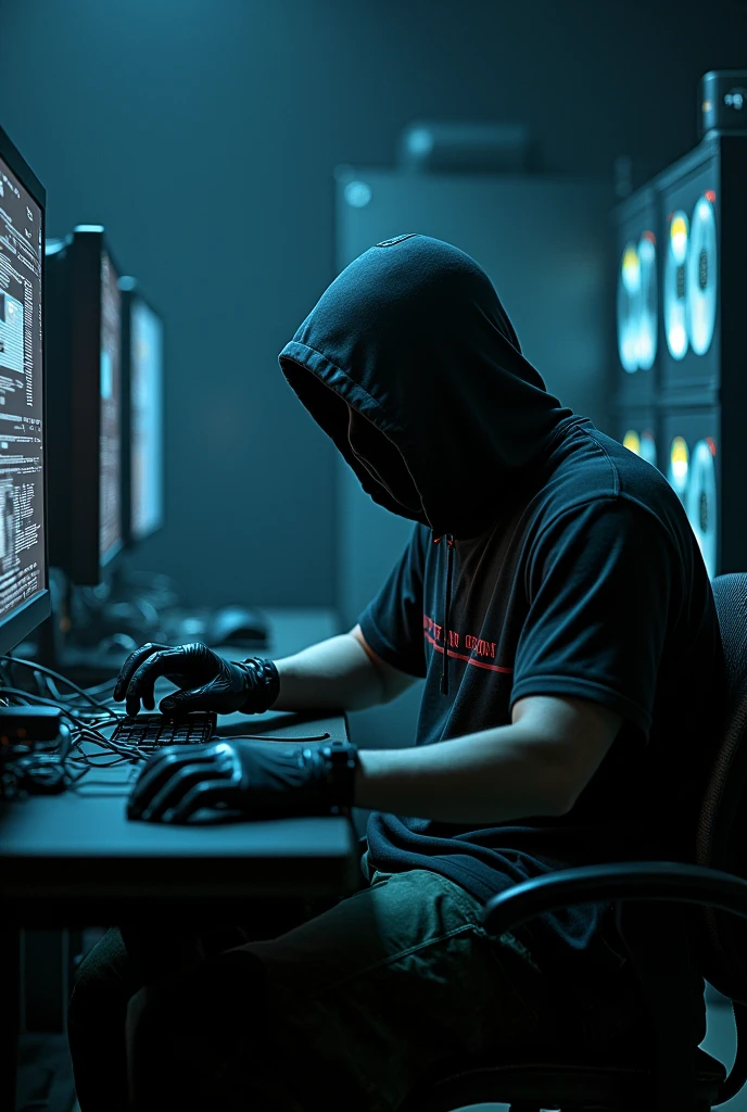 A hacker which has a pc and his hands are covered with black glouse he is wearing loose cargo and oversized t-shirt.