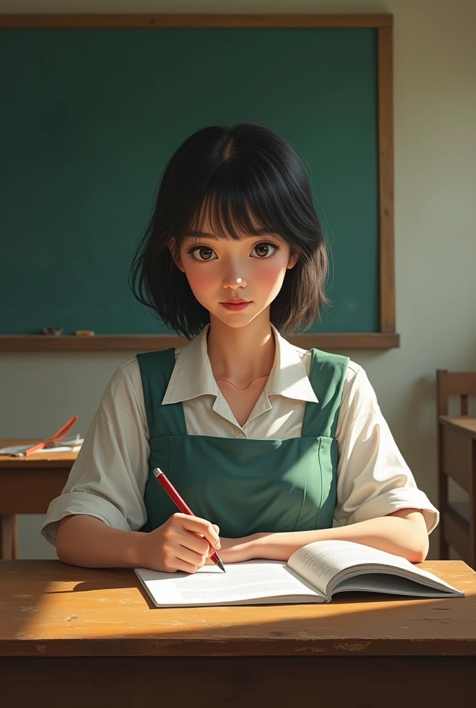 Show the young woman attending school in a rural village. She is dressed in modest 1980s school attire suitable for her age group. Capture her in a focused setting with soft lighting that highlights the shadows of the classroom and emphasizes her engagement with learning activities.