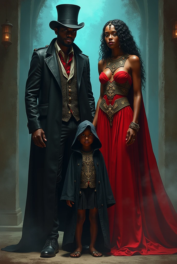 Por favor, create an image with an Exu using a black top hat, next to him a beautiful Pombagira with a red dress and to complement the trio, a black child wearing a black hooded cape