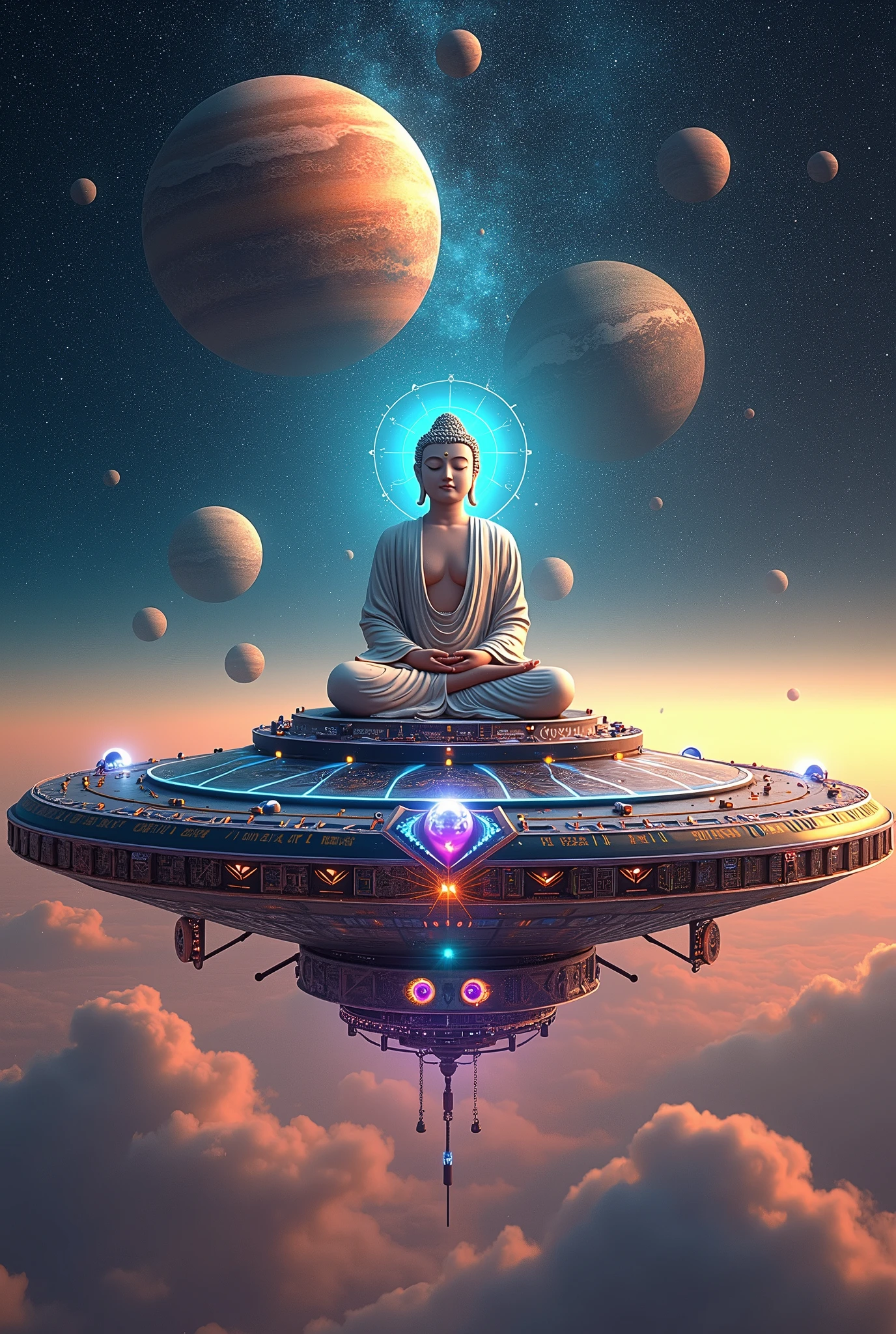 a very psychedelic buddha sitting on top of a flying saucer around several large planets, psychedelia, etc... 

a very colorful and eye-catching image of the Buddha meditating with a happy face, light entering his head, the flying saucer full of lights and very realistic around the planets, astrological calculations and all the art involving quantum mechanics. I want everything to be very engaging., with occultism, involving spirituality the flying saucer has to be more eye-catching, very real with lots of flashing lights and that it all appears as a very illustrative art

