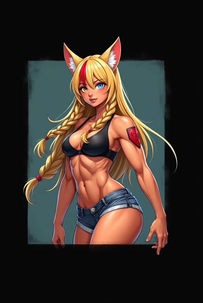 Heroine Very muscular woman body builder body of a professional fighter athletic great physical attributes tanned brown skin she has sun marks from her bra and thong panties in Vê, She is blonde with long hair with a single red fringe and has two long braids and cat ears., It has eyes of two different colors, the left one is pool blue and has a pool blue sclera, the right one is yellow and has a yellow sclera, both eyes have a cat's pupil, She is wearing very typical Brazilian clothing, a women's tank top, denim shorts and flip-flops.. Artstyle Vtuber