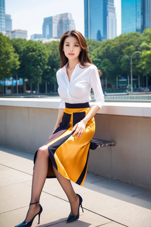 Colorful collared shirts、(Midi Skirt:1.2) 、Full Body Portrait、silk pantyhose、Sitting、Both legs and high heels look beautiful.、1 girl、Perfect body,Two well-balanced legs、 Perfect hands, Perfect Face, Perfect Eyes, Accurate,(Perfect Anatomy, Anatomically correct), Perfectly clear and sharp focus、Large Breasts、Modern architecture in the background、((Highest quality、Ultra-high resolution、masterpiece))