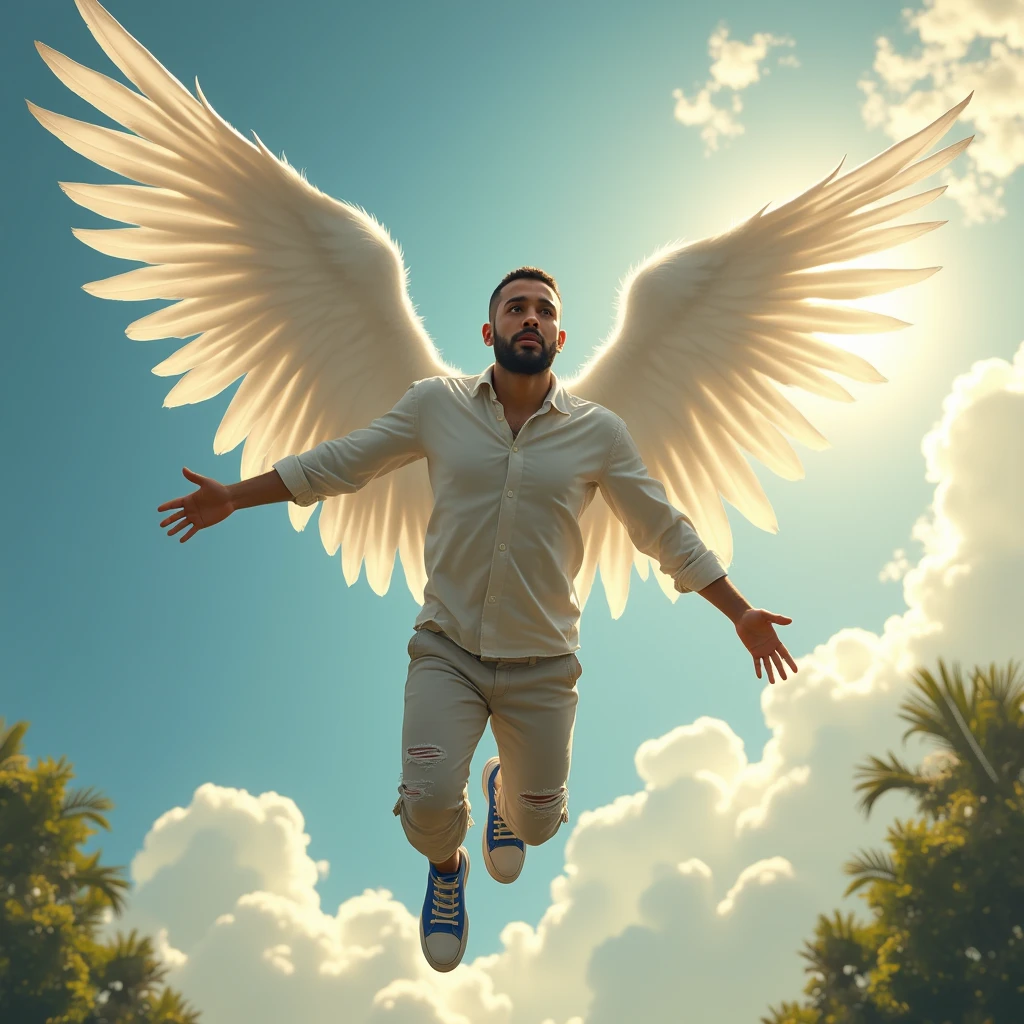 A white-skinned Brazilian man, really short hair, barba, he has beautiful white wings, flying, exuberante, looks like he&#39;s 2, wearing a basic long sleeved shirt, Pants too torn, blue All Star shoes, realisitic, hiper-realisitic, highest quallity, work of art.
