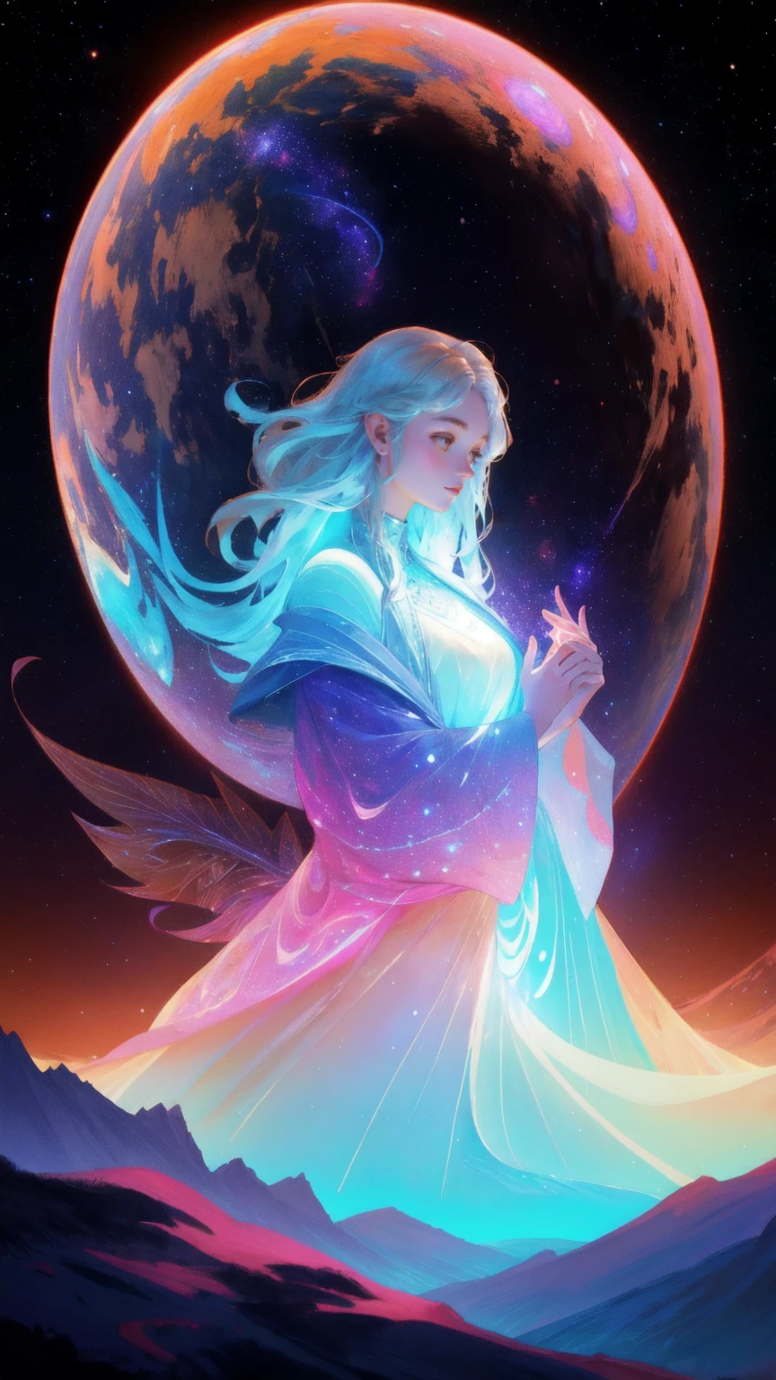Create a surreal cosmic scene with a colossal, glowing dragon emerging from the universe, its scales shimmering with vibrant, galactic colors. Replace the dragon with a powerful, ethereal girl figure, maintaining the cosmic energy and vibrant colors. The background should consist of a star-filled sky, distant planets, and a serene, brown-toned mountainous landscape surrounding a reflective lake. The earth, still intact, should be cradled gently in the girl's hands, symbolizing her protective strength as a 'Mt. Gox Survivor,' with the whole scene enveloped in a rich, brown hue.