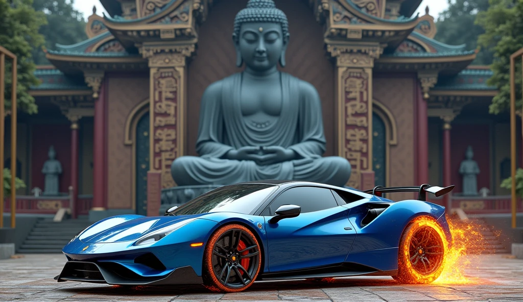 there is a metallic blue sports car at the base of massive Buddha statue, car's wheels are made from fire Buddhist temple background
