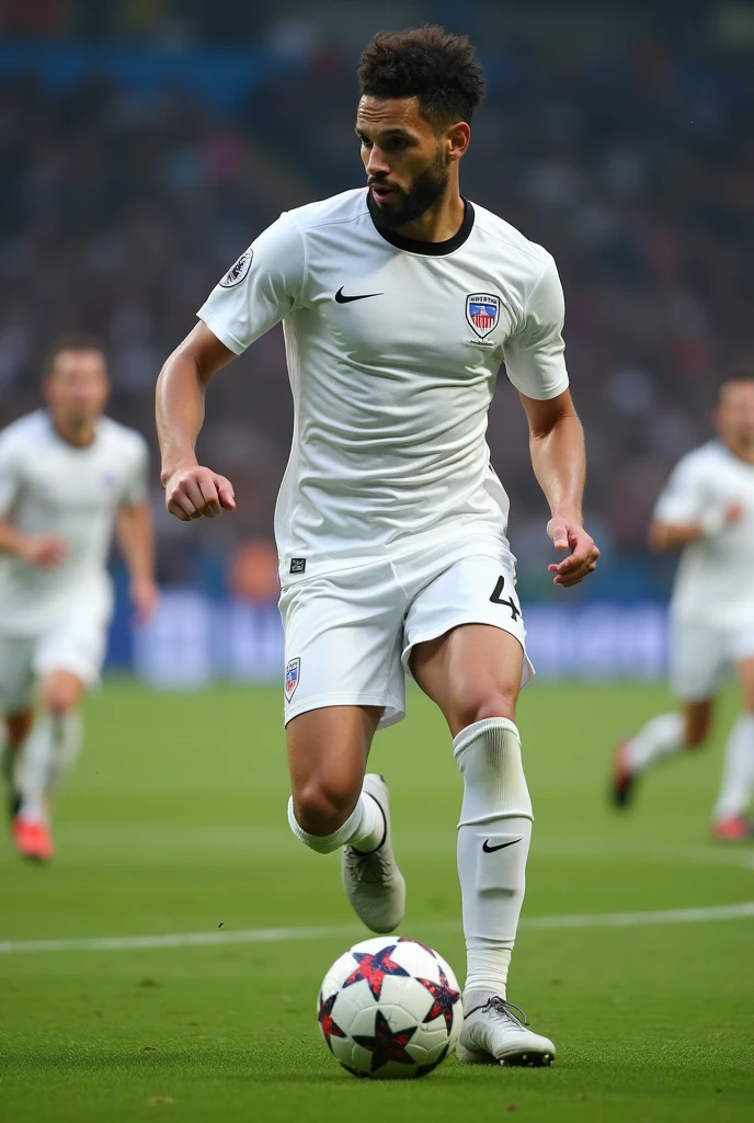 A soccer player wearing white uniform in front, back and side