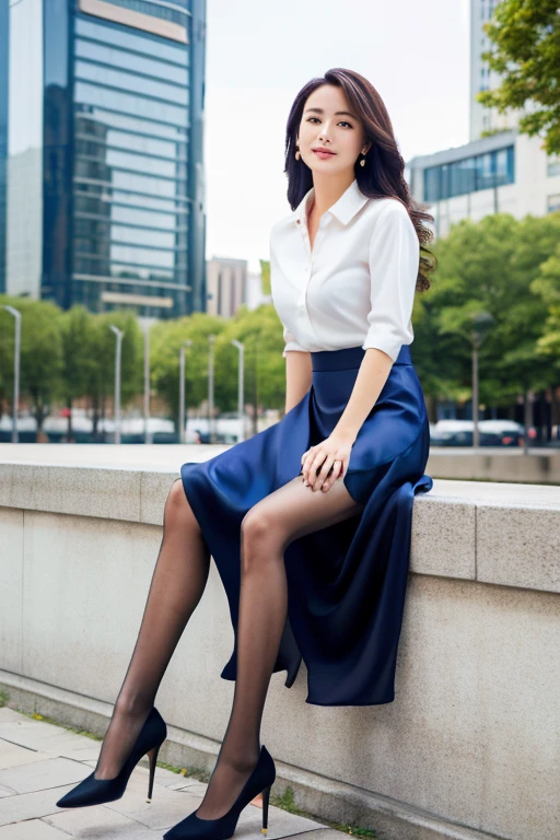 (Highest quality、Ultra-high resolution、masterpiece),(Delicate face,Detailed eyes and face,Lustrous red lips)、Collared shirt、(Denim midi skirt)、(silk pantyhose)、High heels、Long, slender legs,Sitting pose, High-definition skin texture、Happy expression、Large Breasts、Night in the background、Wind、Starry Sky、moon、((Full body portrait))