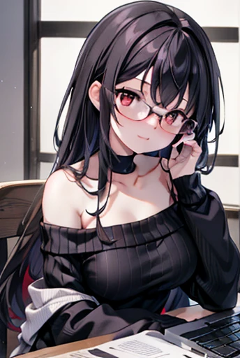 Commercial purposes, Next to Kasumigaoka, Black Hair, hair band, Long Hair, (Red eyes:1.5), smile,blush,Black Abyss Glasses,Off-the-shoulder sweater,Exposing shoulders,Bare neck,bare clavicle,Long skirt,Black Pantyhose,There is a computer on the desk.,touch typing,interior,Foliage plant,Sitting in a chair,
break looking at viewer,
break indoors, workroom,
break (masterpiece:1.2), Highest quality, High resolution, unity 8k wallpaper, (shape:0.8), (Fine and beautiful eyes:1.6), Highly detailed face, Perfect lighting, Highly detailed CG, (Perfect hands, Perfect Anatomy),Large Breasts