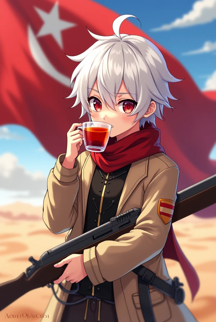 Bell Cranel anime young white hair red eyes ruby white tea with orario flag , in desert attire and with mosin nagatan