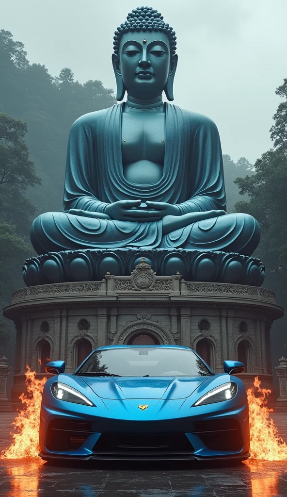 there is a metallic blue sports car at the base of massive Buddha statue, car's wheels are made from fire Buddhist temple background 