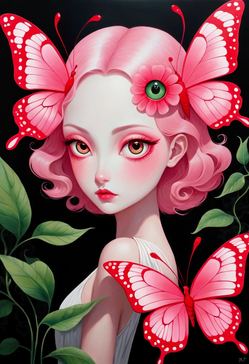 A pink butterfly，Have a green eye，Black background, big Pink Eyes, Pink Eyes, large Red Eyes, Fantasy acrylic painting, Acrylic painting on canvas, acrylic and spraypaint, Paint with acrylic paint, Evil world magic painting atmosphere, Inspired by O&#39;Keeffe, big Red Eyes, Acrylic painting on canvas, Red Eyes, Fantasy painting