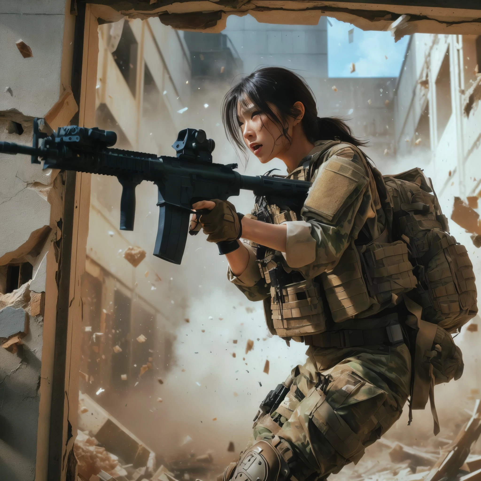 8K, realistic photo, realistic skin texture, Beautiful Japanese women in the US military、Outside the building、explosion、Close call、Walls bursting with debris、They are shouting to evacuate immediately.、Automatic rifle、Bulletproof vest、Back Back、boots、Covered in scars、Grim expression、Dynamic pose、Innovative composition、Dust is flying、傷だらけ